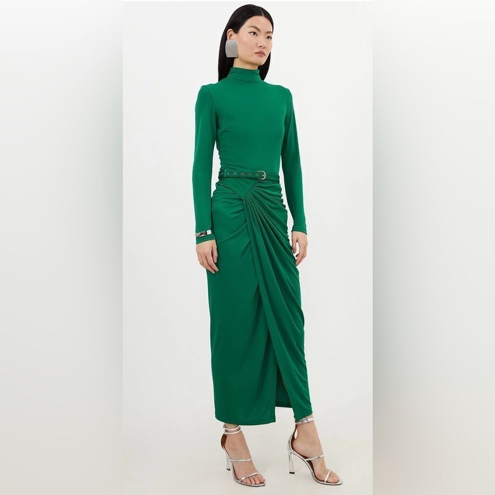 Karen Millen Premium Viscose Jersey Ruched Maxi Dress Green Long Sleeve Sz S